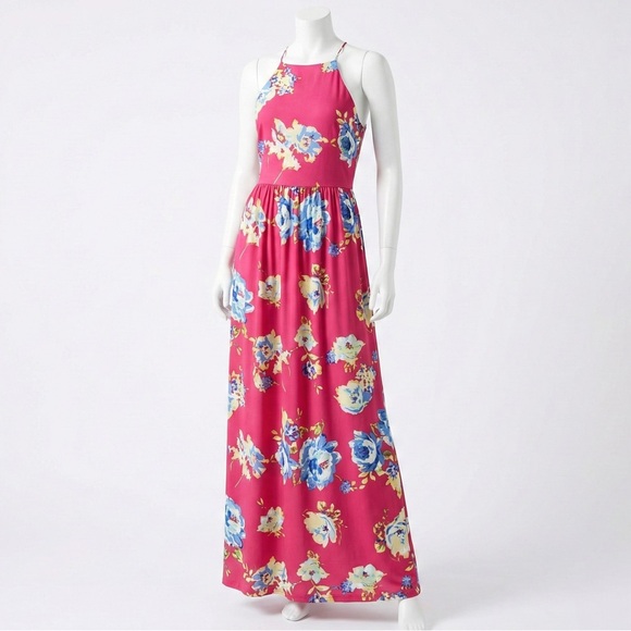 Everly Dresses & Skirts - Everly Pink Floral Halter Maxi Dress Boho Summer Vacation Small